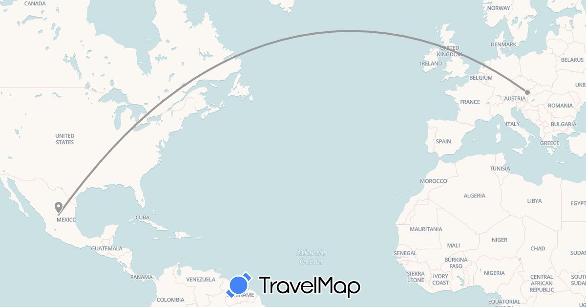 TravelMap itinerary: driving, plane in Austria, Mexico (Europe, North America)